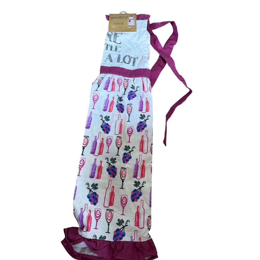 Pantry Wine A Little Laugh A Lot Cotton Ruffle Apron White Pink Purple NWT
